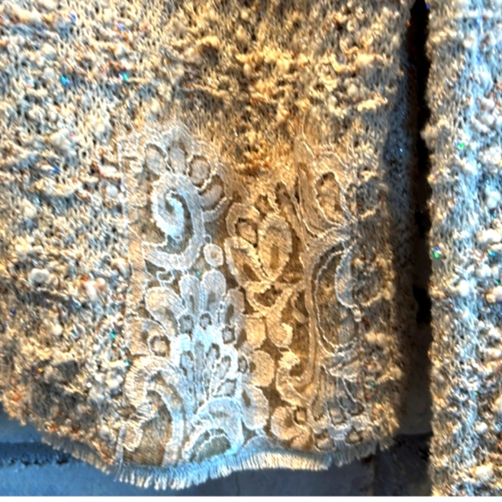 ST JOHN COUTURE 8 BOUCLE CROCHET AURORA BOREALIS LACE CREAM WOOL SILK SKIRT SUIT - Picture 14 of 16